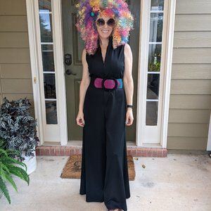 Vtg 1970s super wide leg jumpsuit black zip front sleeveless romper disco SM/MD